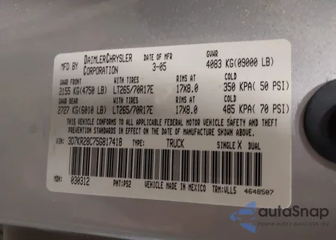 2005 Dodge Ram 2500 Slt/Laramie from USA, damaged, VIN 3D7KR28C75G817418